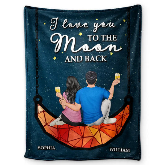 "I Love You To The Moon & Back" Cozy Personalized Couple Throw Blanket, Romantic Custom Gift For Lovers
