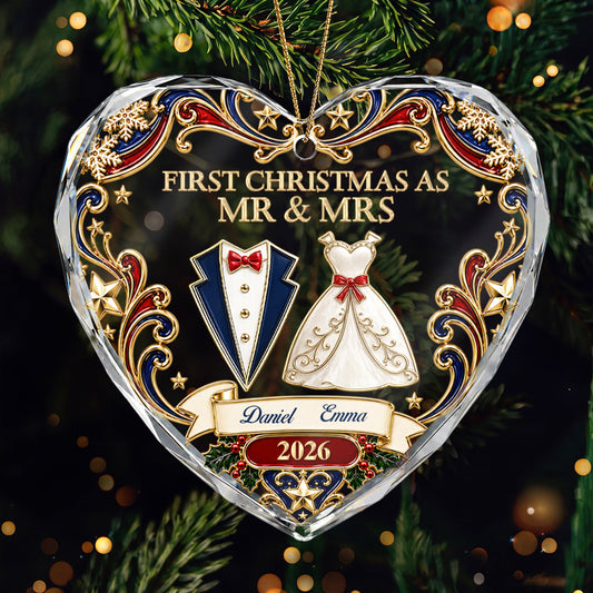 Our First Christmas, Personalized Heart Shaped Glass Ornament, Custom Gift for Newlyweds & Couples