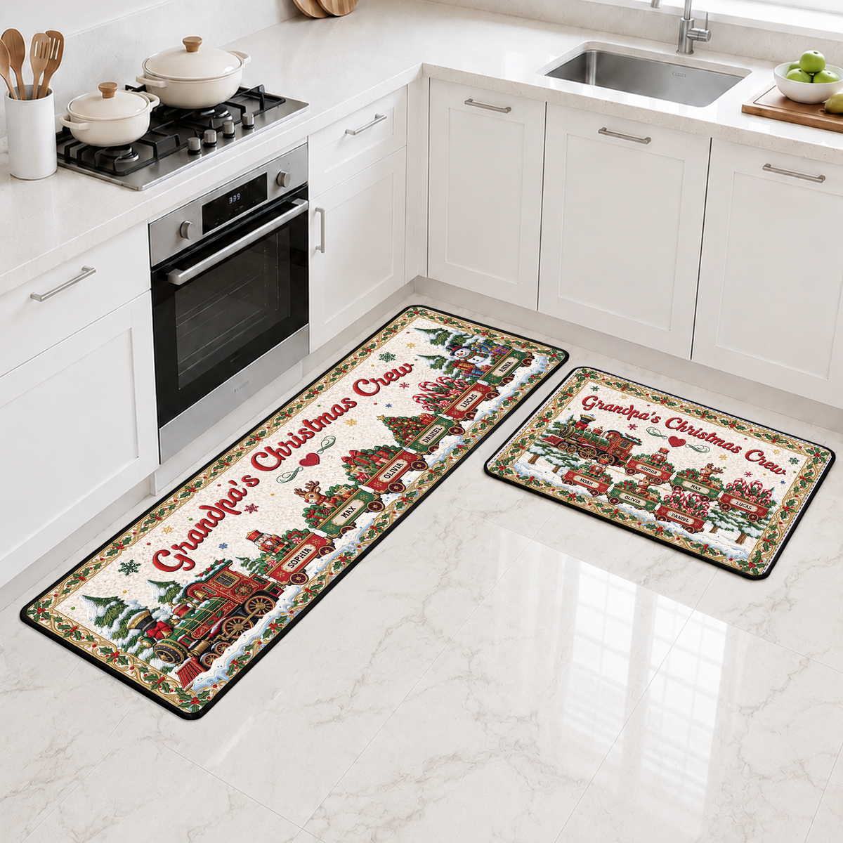 Custom Christmas Crew Train Floor Runner Rug - Personalized Holiday Decor Mat for Grandparents