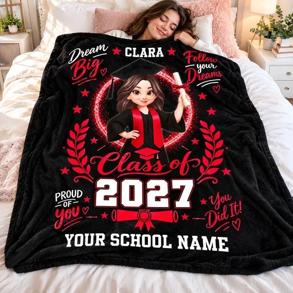 Graduation Personalized Fleece Blanket With Cap & Gown, Dream Big Quote, Sentimental Gift for Daughter & Granddaughter