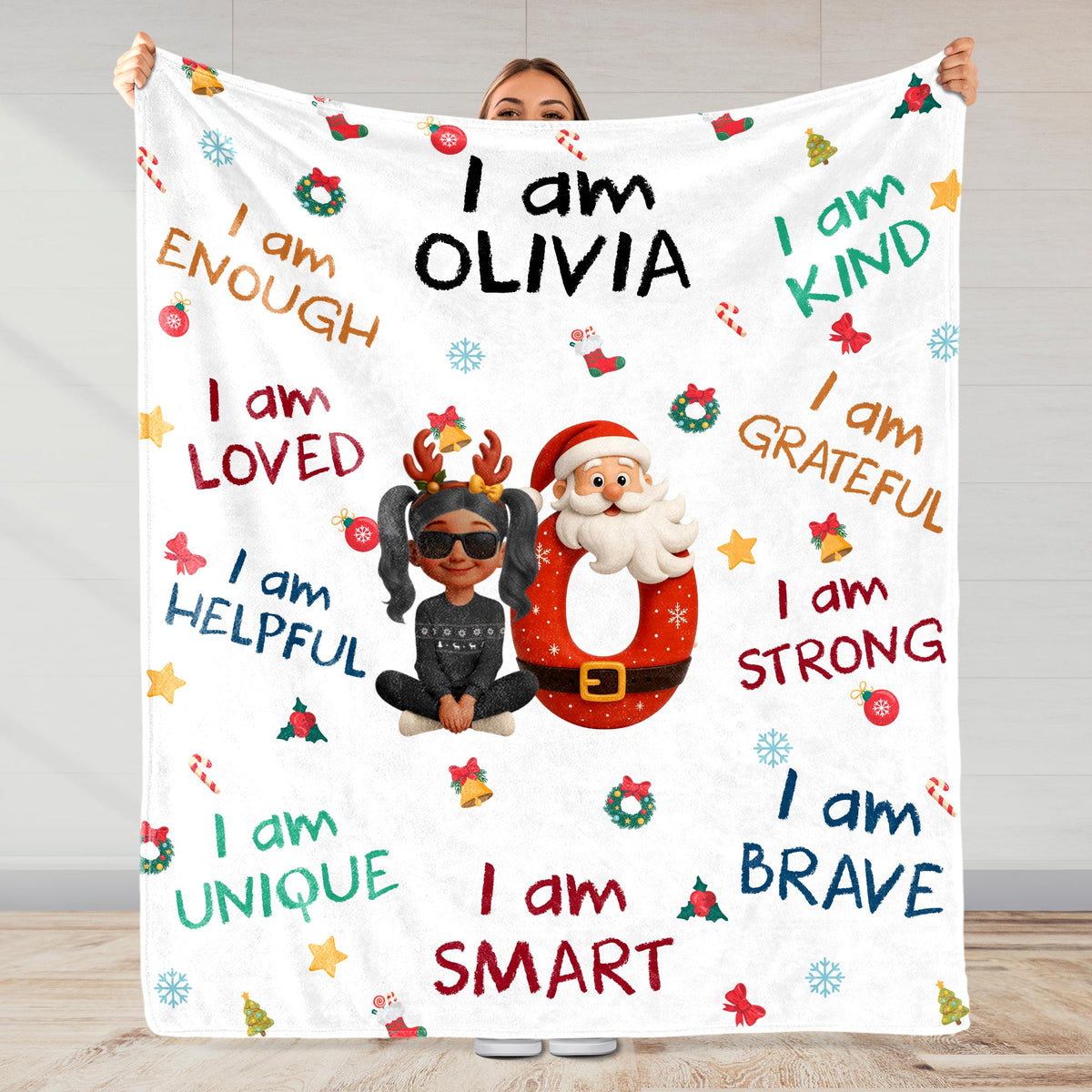 Wrapped in Christmas Magic, Growing Strong & Brave – Personalized Kids Affirmation Blanket, Custom Name Santa & Elf Christmas Gift