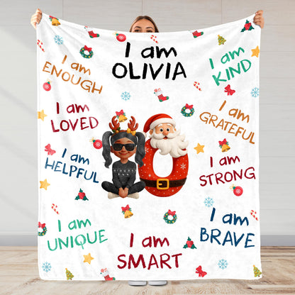 Wrapped in Christmas Magic, Growing Strong & Brave – Personalized Kids Affirmation Blanket, Custom Name Santa & Elf Christmas Gift