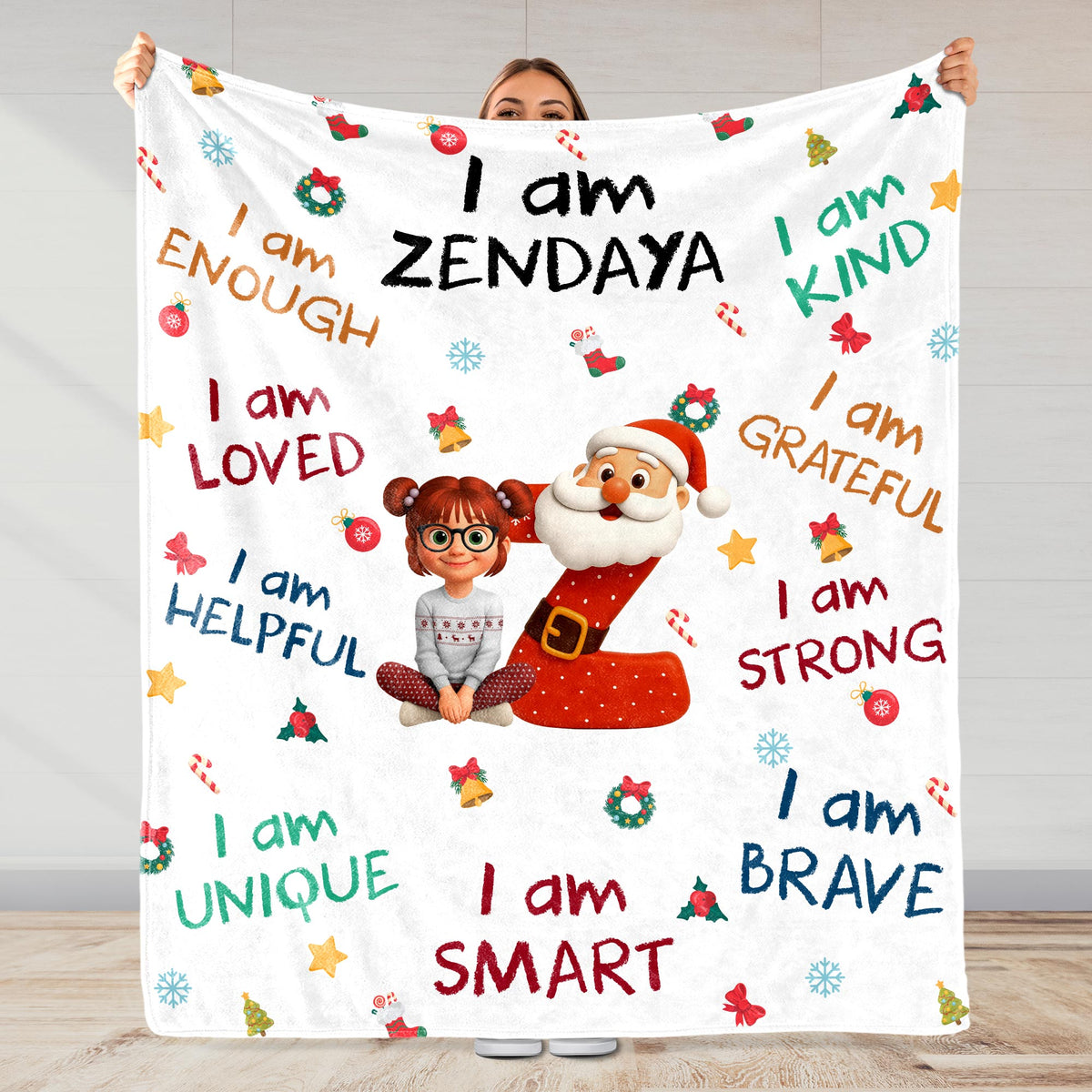 Wrapped in Christmas Magic, Growing Strong & Brave – Personalized Kids Affirmation Blanket, Custom Name Santa & Elf Christmas Gift