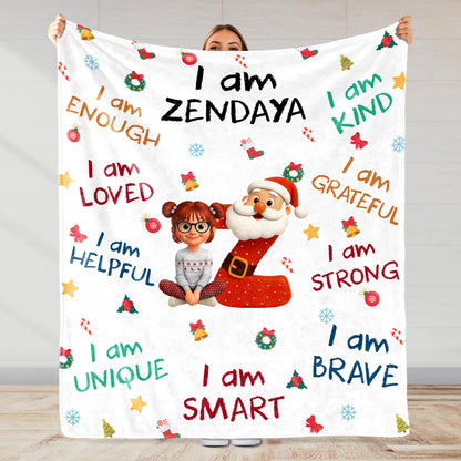 Wrapped in Christmas Magic, Growing Strong & Brave – Personalized Kids Affirmation Blanket, Custom Name Santa & Elf Christmas Gift