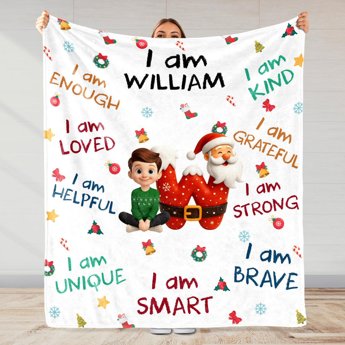 Wrapped in Christmas Magic, Growing Strong & Brave – Personalized Kids Affirmation Blanket, Custom Name Santa & Elf Christmas Gift