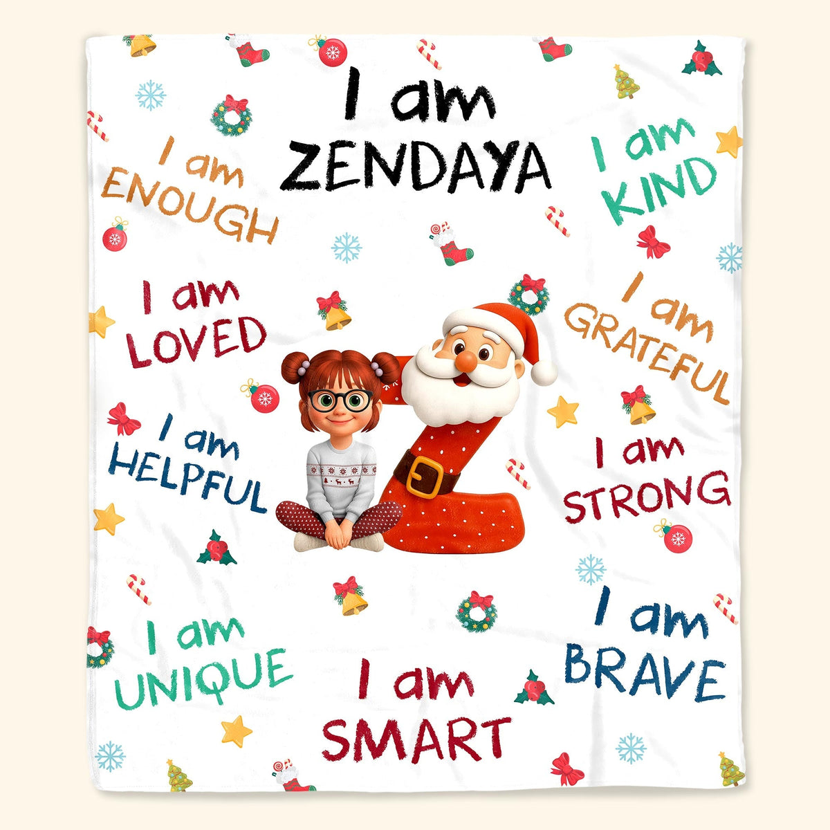 Wrapped in Christmas Magic, Growing Strong & Brave – Personalized Kids Affirmation Blanket, Custom Name Santa & Elf Christmas Gift