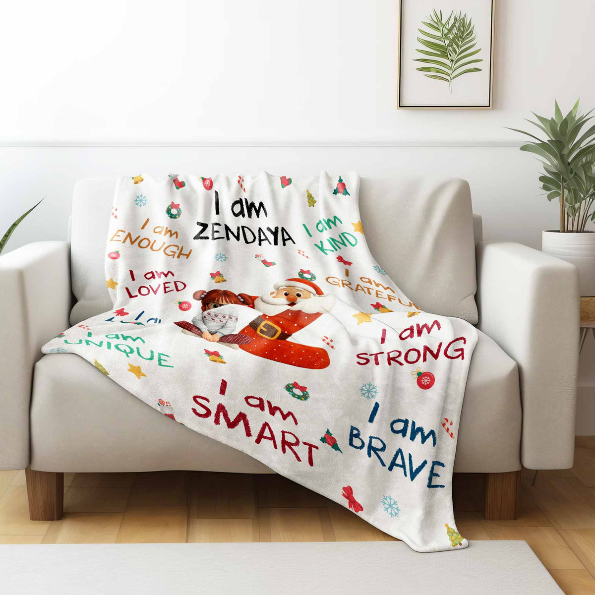 Wrapped in Christmas Magic, Growing Strong & Brave – Personalized Kids Affirmation Blanket, Custom Name Santa & Elf Christmas Gift