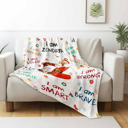 Wrapped in Christmas Magic, Growing Strong & Brave – Personalized Kids Affirmation Blanket, Custom Name Santa & Elf Christmas Gift