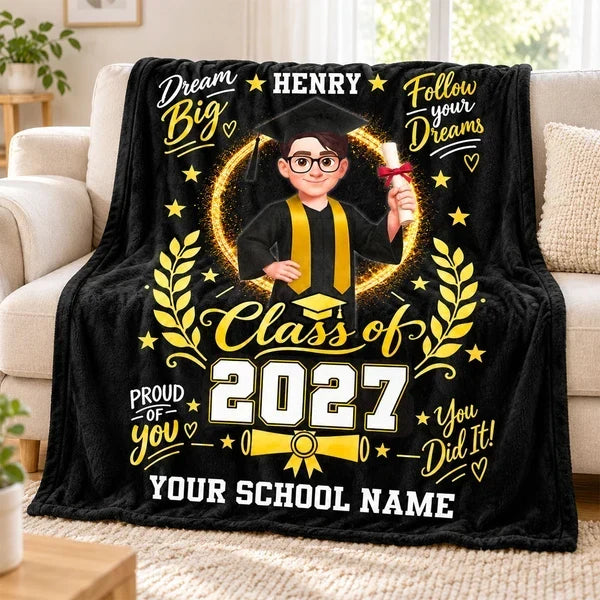 Graduation Personalized Fleece Blanket With Cap & Gown, Dream Big Quote, Sentimental Gift for Daughter & Granddaughter