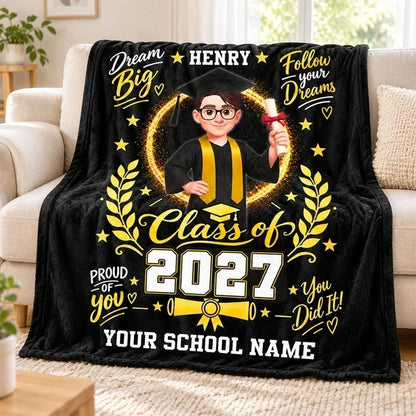 Graduation Personalized Fleece Blanket With Cap & Gown, Dream Big Quote, Sentimental Gift for Daughter & Granddaughter