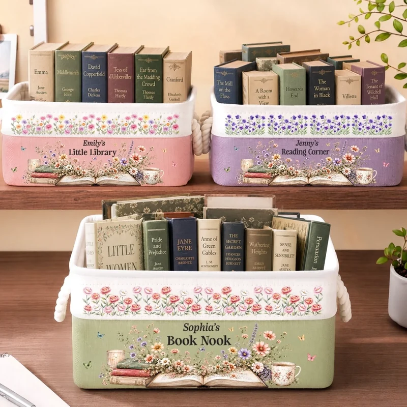 Personalized Custom Storage Basket‑Book‑Themed Gift for Book Lovers & Bookworms, Happiness Is A Full Bookshelf