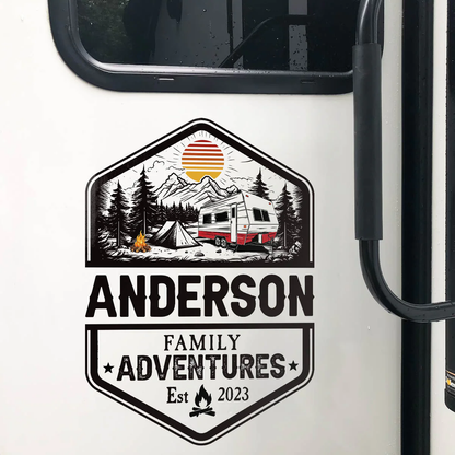 Custom RV Camper Family Adventure Sticker Decal - Mountain Camping Design Gift for Travelers