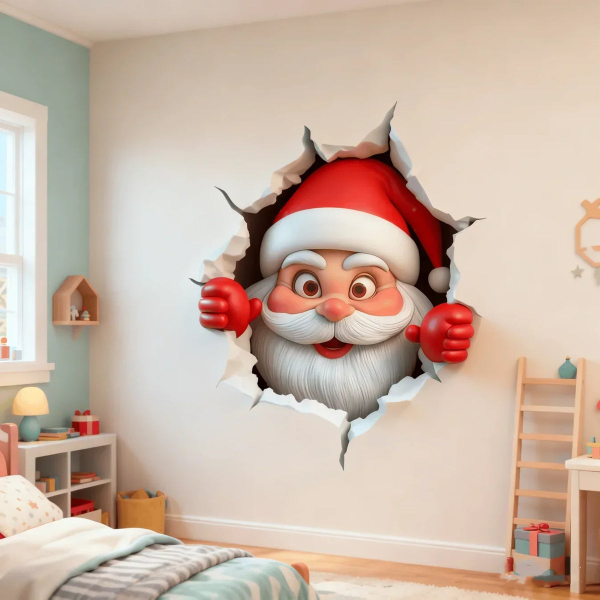 Christmas Sticker Decal, Cheerful Santa Carrying a Gift, Personalized Playful Decor and Creative Gift for Grandsons