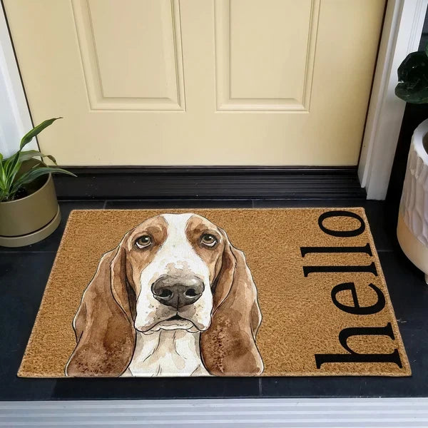Custom Standard Doormat with Watercolor Dog Portrait and Hello Greeting, Heartwarming Creative Gift for Pet Owners