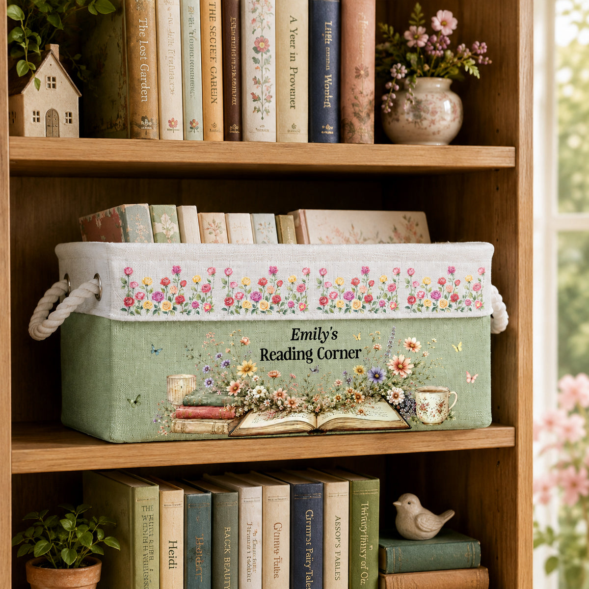 Personalized Custom Storage Basket‑Book‑Themed Gift for Book Lovers & Bookworms, Happiness Is A Full Bookshelf