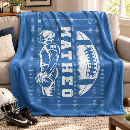 Personalized Fleece Blanket, Football Player Holding the Ball on the Field, Unique Gift for Son or Grandson