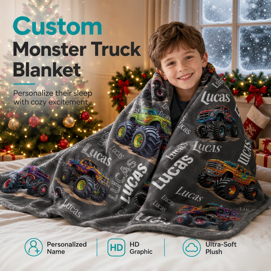 Customized Monster Truck Blanket With Child’s Name - Thoughtful Custom Gift to Keep Kids Warm at Night