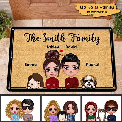 Every Face, Every Paw, One Happy Home – Personalized Family Portrait Doormat, Custom Family Name, Characters & Pets Welcome Mat