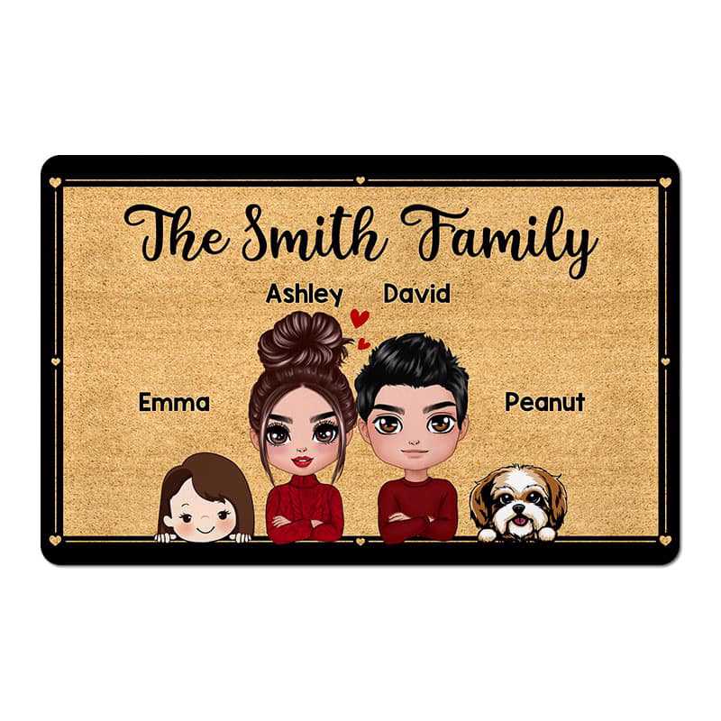 Every Face, Every Paw, One Happy Home – Personalized Family Portrait Doormat, Custom Family Name, Characters & Pets Welcome Mat