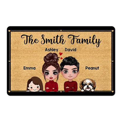 Every Face, Every Paw, One Happy Home – Personalized Family Portrait Doormat, Custom Family Name, Characters & Pets Welcome Mat