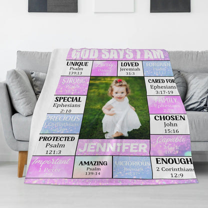 Personalized “God Says I Am” Photo Blanket - Perfect Family Gift