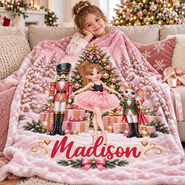 Personalized Pink Nutcracker Ballerina Fleece Blanket, Christmas Ballet Scene Design, Sweet Gift for Daughter