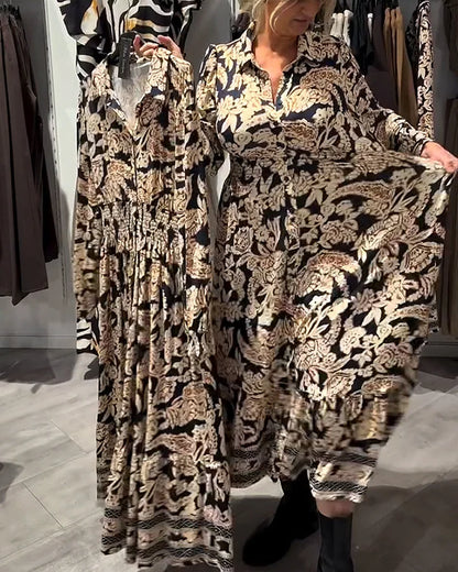 Vintageblommig skjortklänning med midjeknäppning