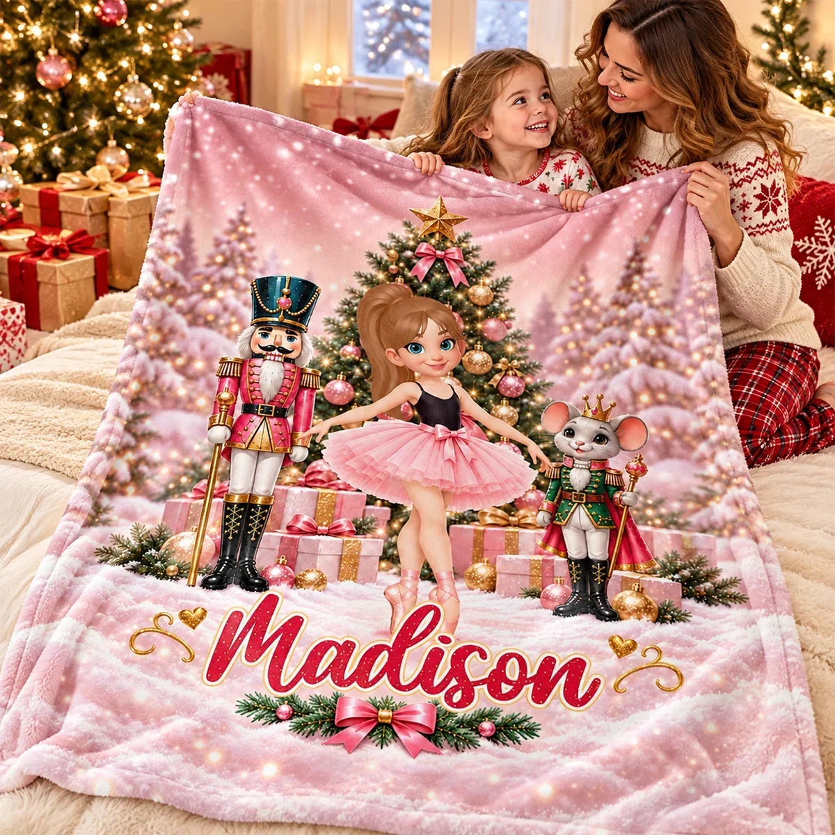 Personalized Pink Nutcracker Ballerina Fleece Blanket, Christmas Ballet Scene Design, Sweet Gift for Daughter