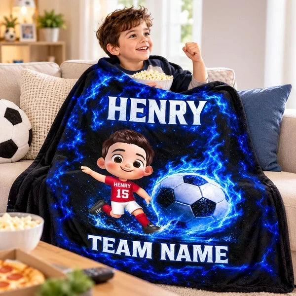 Personalized Fleece Blanket, Electric Blue Cartoon Child Kicking a Soccer Ball, Unique Gift for Young Players