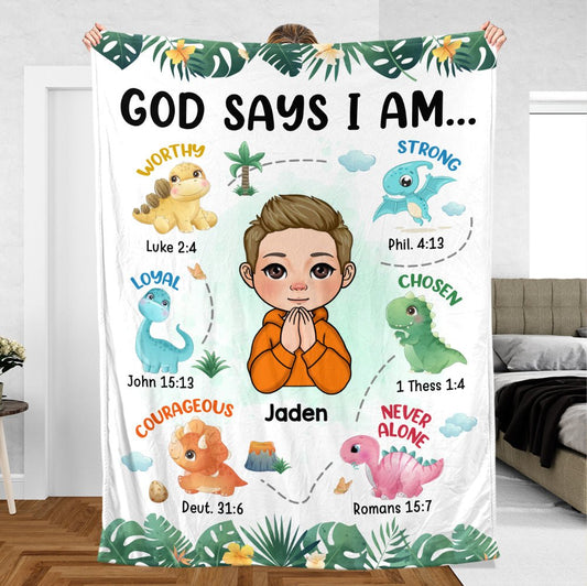 God Says I Am Dinosaurs - Personalized Custom Birthday Blanket For Kids