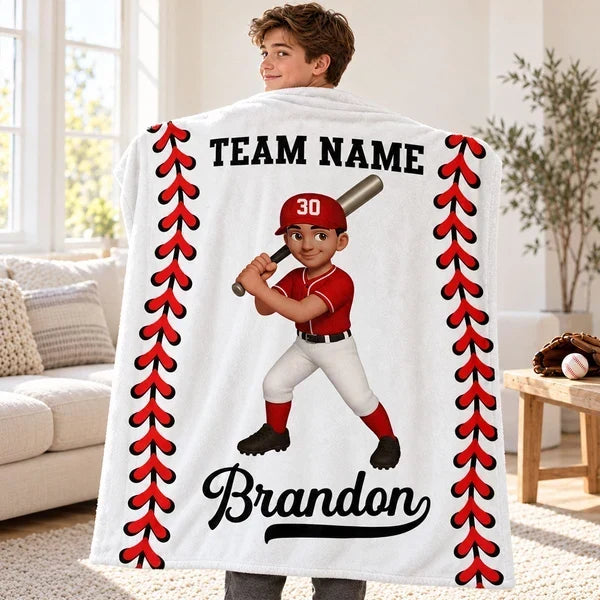 Personalized Fleece Blanket, Cartoon Baseball and Softball Player Holding a Bat, Unique Gift for Son or Daughter
