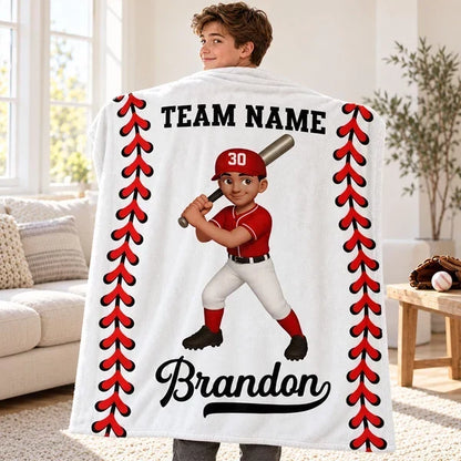 Personalized Fleece Blanket, Cartoon Baseball and Softball Player Holding a Bat, Unique Gift for Son or Daughter