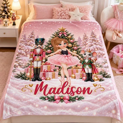 Personalized Pink Nutcracker Ballerina Fleece Blanket, Christmas Ballet Scene Design, Sweet Gift for Daughter