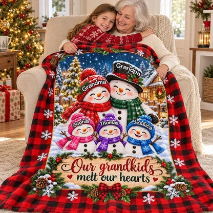 Personalized Fleece Blanket, Smiling Snowman Grandparents & Grandkids in Snowy Christmas Village, Unique Family Gift