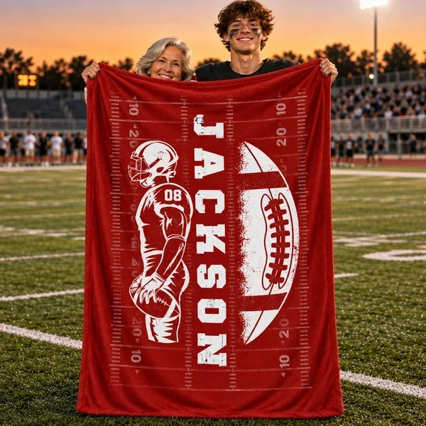 Personalized Fleece Blanket, Football Player Holding the Ball on the Field, Unique Gift for Son or Grandson