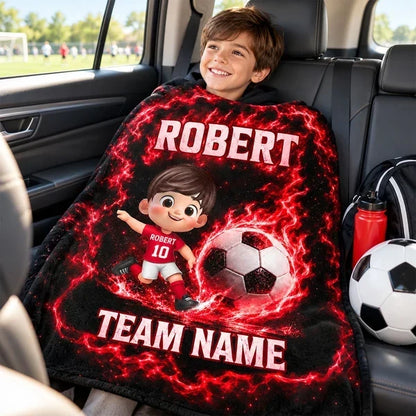 Personalized Fleece Blanket, Electric Blue Cartoon Child Kicking a Soccer Ball, Unique Gift for Young Players