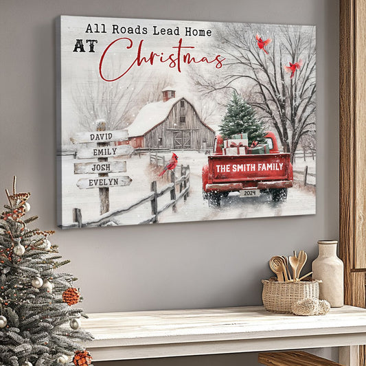 Custom Christmas "All Roads Lead Home" Wall Art - Personalized Family Names & Year Canvas