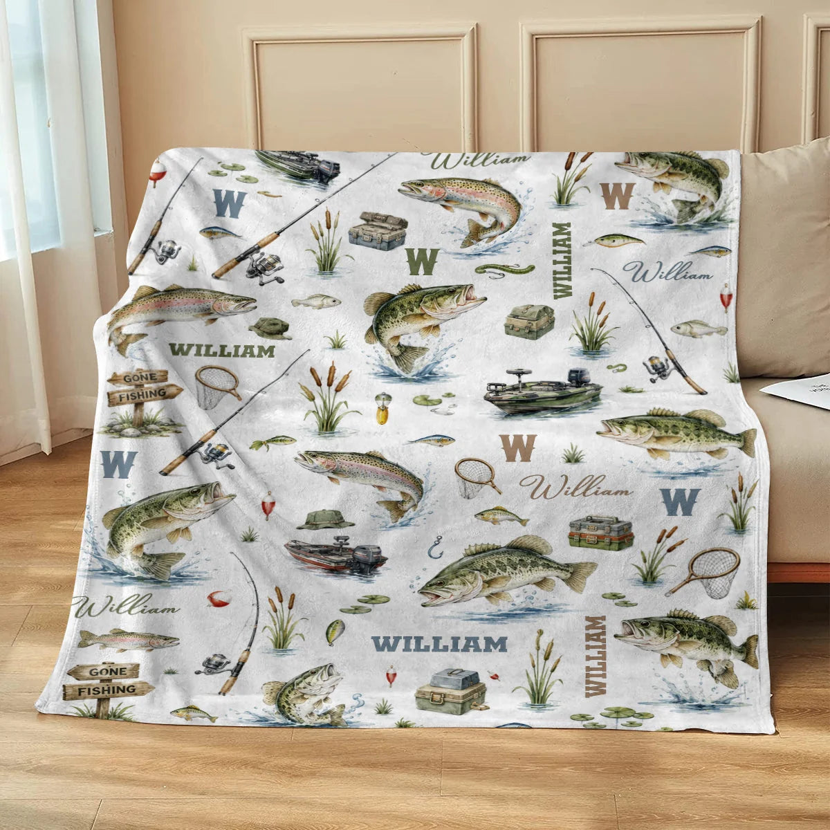"Gone Fishing" Personalized Baby Blanket - Custom Name Throw for Little Angler Gift