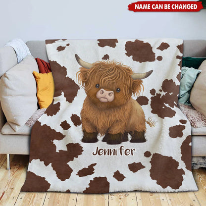 Cute Fluffy Highland Cow Personalized Blanket - Custom Name Cozy Farmhouse Decor Gift for Kids & Adults