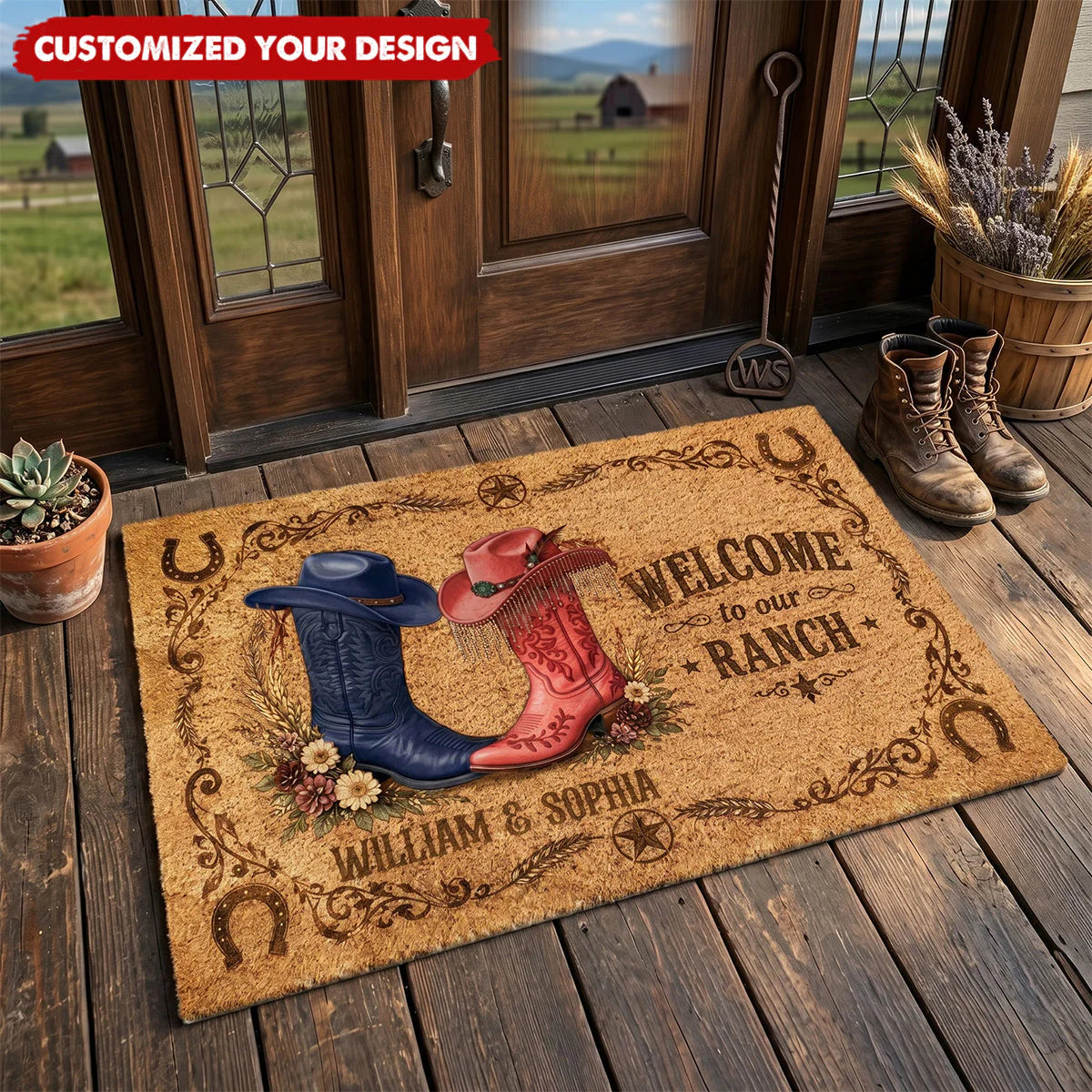 Two Hearts, One Ranch to Call Home – Personalized Western Doormat, Custom Couple Names Cowboy Welcome Mat