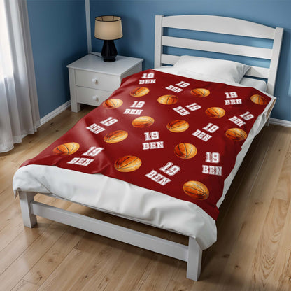 Custom Name & Number Basketball Fleece Blanket - Sports Personalized Gift for Kids