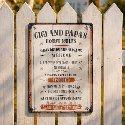 Gigi and Papa's House Rules Grandkids Welcome Personalized Metal Sign - Vintage Grandparent Wall Decor
