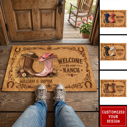Two Hearts, One Ranch to Call Home – Personalized Western Doormat, Custom Couple Names Cowboy Welcome Mat