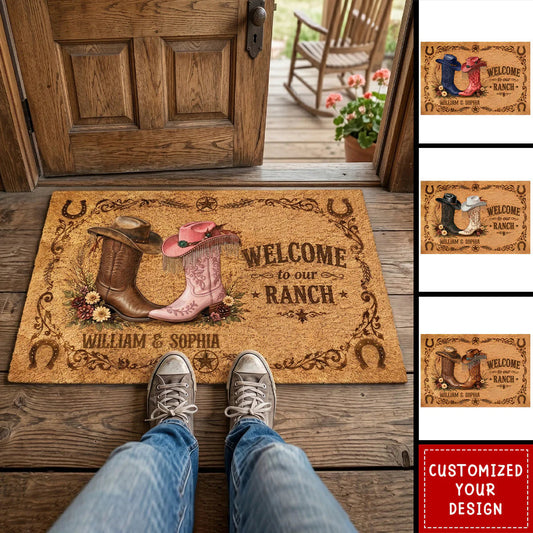 Two Hearts, One Ranch to Call Home – Personalized Western Doormat, Custom Couple Names Cowboy Welcome Mat