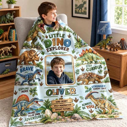 Little Explorer Personalized Dinosaur Photo Blanket - Custom Soft Throw Gift for Boys