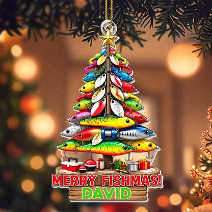 Merry Fishmas Tree Personalized Fishing Acrylic Christmas Ornament - Custom Holiday Gift for Fishing Lovers