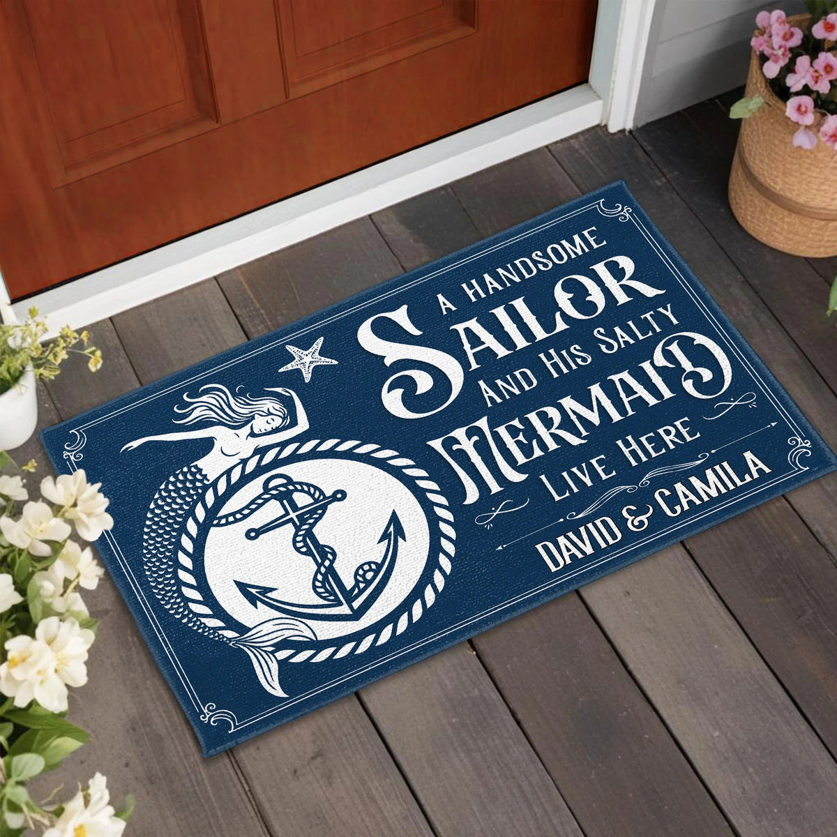 A Handsome Sailor And His Salty Mermaid Live Here - Personalized Nautical Doormat
