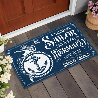 A Handsome Sailor And His Salty Mermaid Live Here - Personalized Nautical Doormat