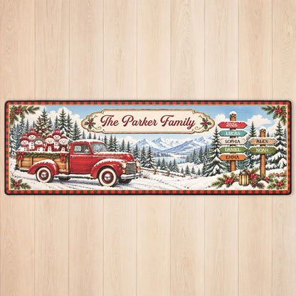 Red Christmas Truck Custom Runner Rug - Personalized Family Name Holiday Kitchen Floor Mat