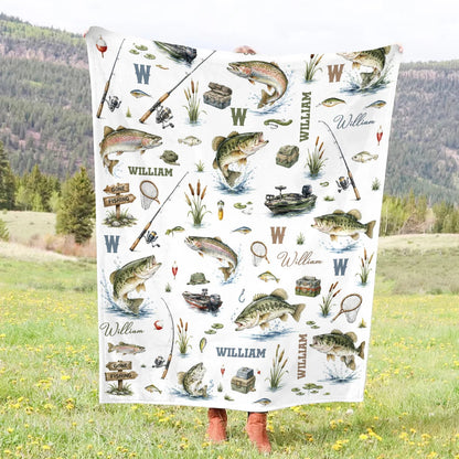 "Gone Fishing" Personalized Baby Blanket - Custom Name Throw for Little Angler Gift
